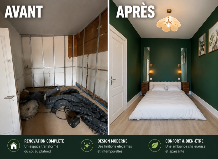 Avant après d'une chambre rénovée avec mur vert