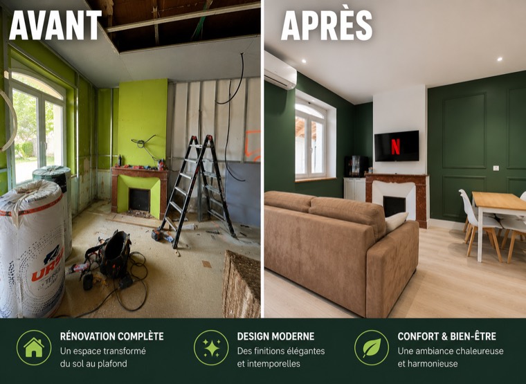 Avant après d'un séjour rénové avec mur vert et sol clair