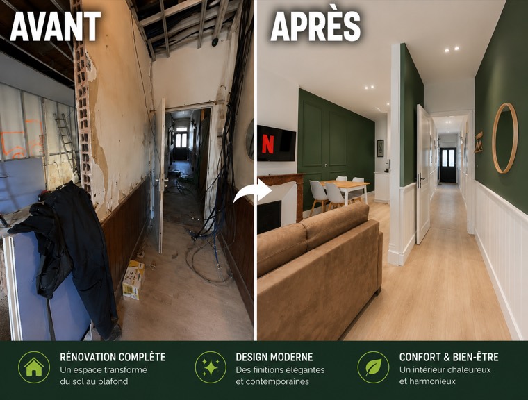 Avant après d'un séjour et d'un couloir rénovés